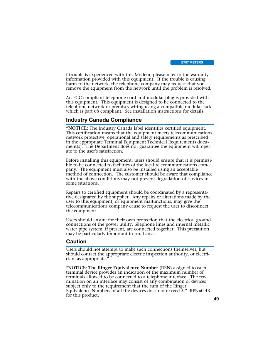 Industry canada compliance, Caution | Pitney Bowes E707 User Manual | Page 49 / 55