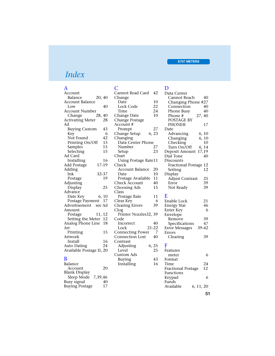 Index | Pitney Bowes E707 User Manual | Page 51 / 55