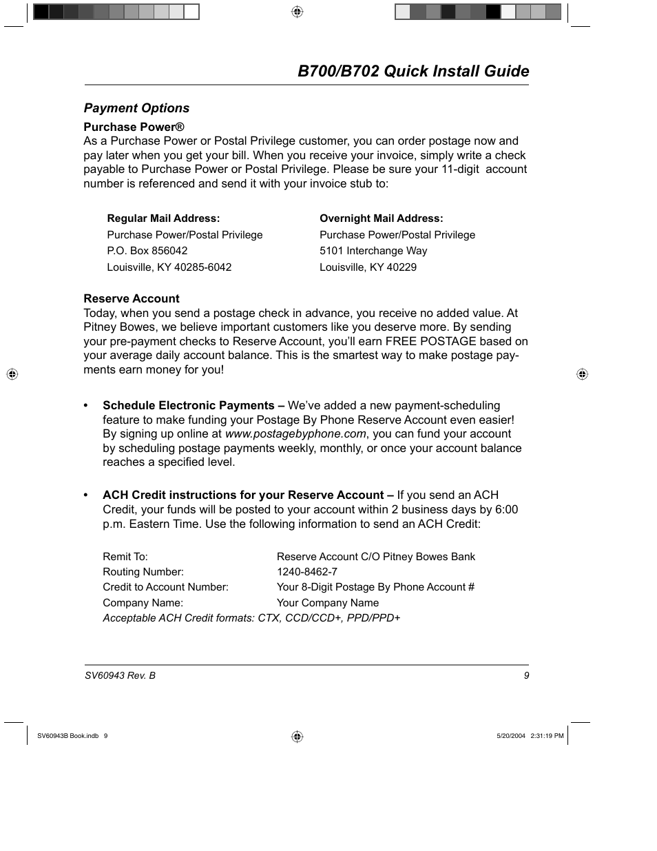 Payment options, Purchase power, Reserve account | Pitney Bowes B700 User Manual | Page 10 / 18