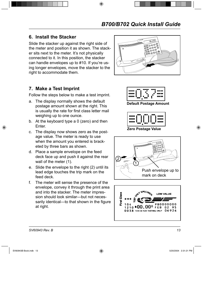 Install the stacker, Make a test imprint | Pitney Bowes B700 User Manual | Page 14 / 18