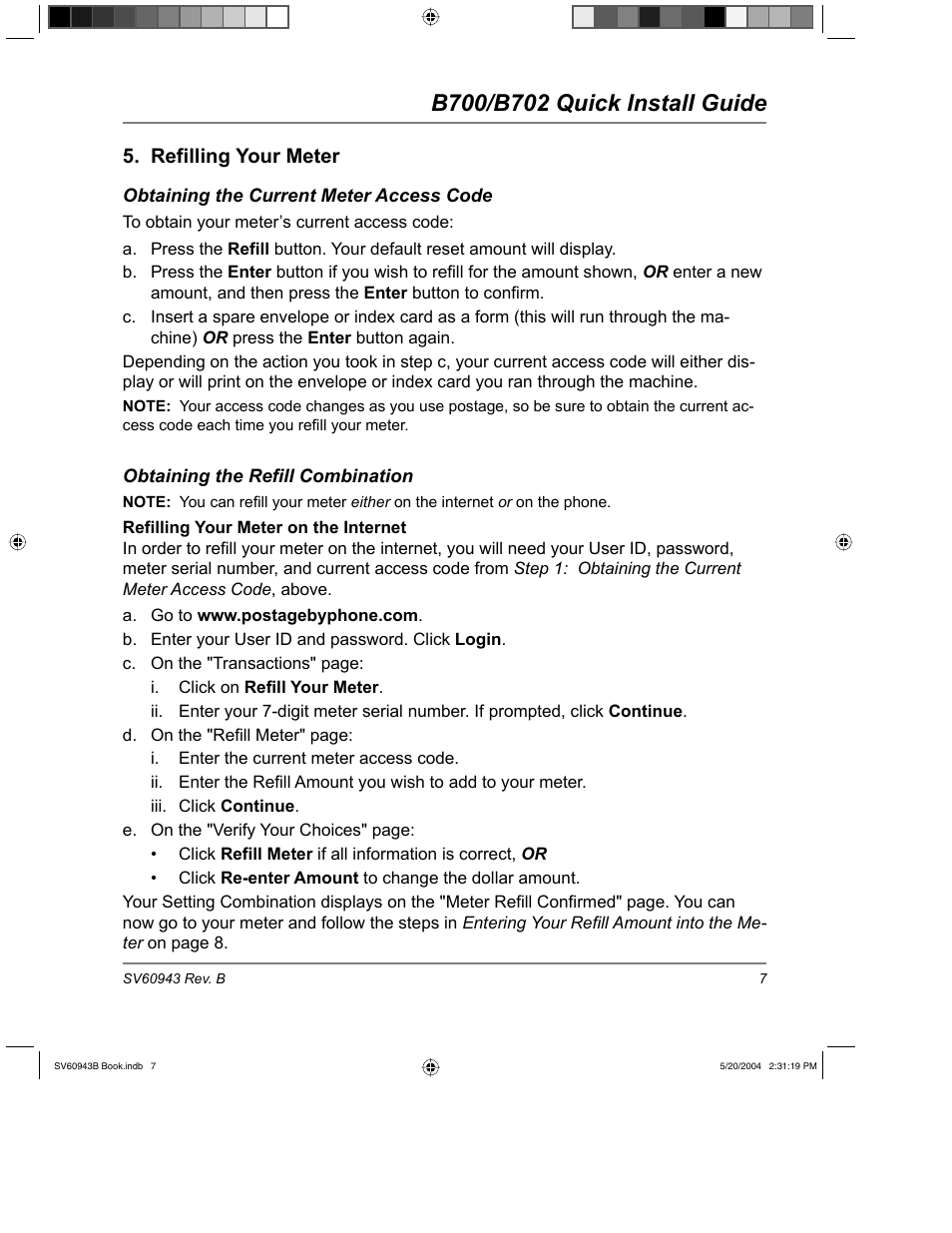 Refilling your meter, Obtaining the current meter access code, Obtaining the refill combination | Refilling your meter on the internet | Pitney Bowes B700 User Manual | Page 8 / 18
