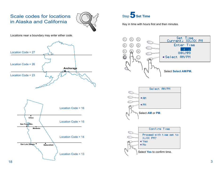 Scale codes for locations in alaska and california, Step, Set time | Pitney Bowes DM300 User Manual | Page 5 / 12