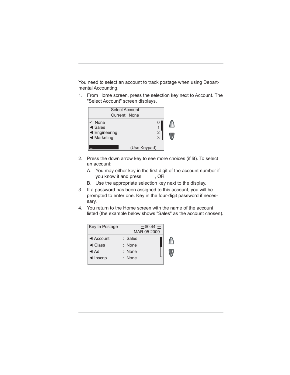 8 • standard accounting option, Selecting an account to track postage | Pitney Bowes DM475 User Manual | Page 127 / 226