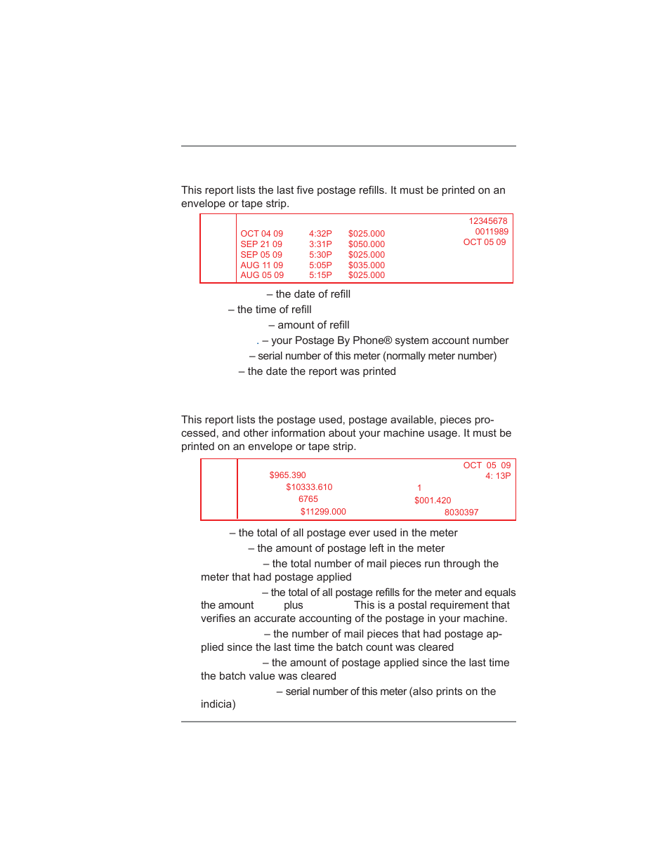 9 • reports, Last 5 refills report, Funds report | Pitney Bowes DM475 User Manual | Page 137 / 226