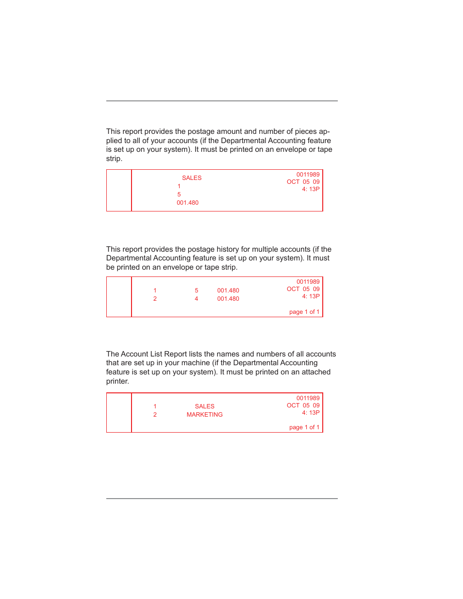 9 • reports, Single accounts report, Multi-account summary report | Account list report | Pitney Bowes DM475 User Manual | Page 138 / 226