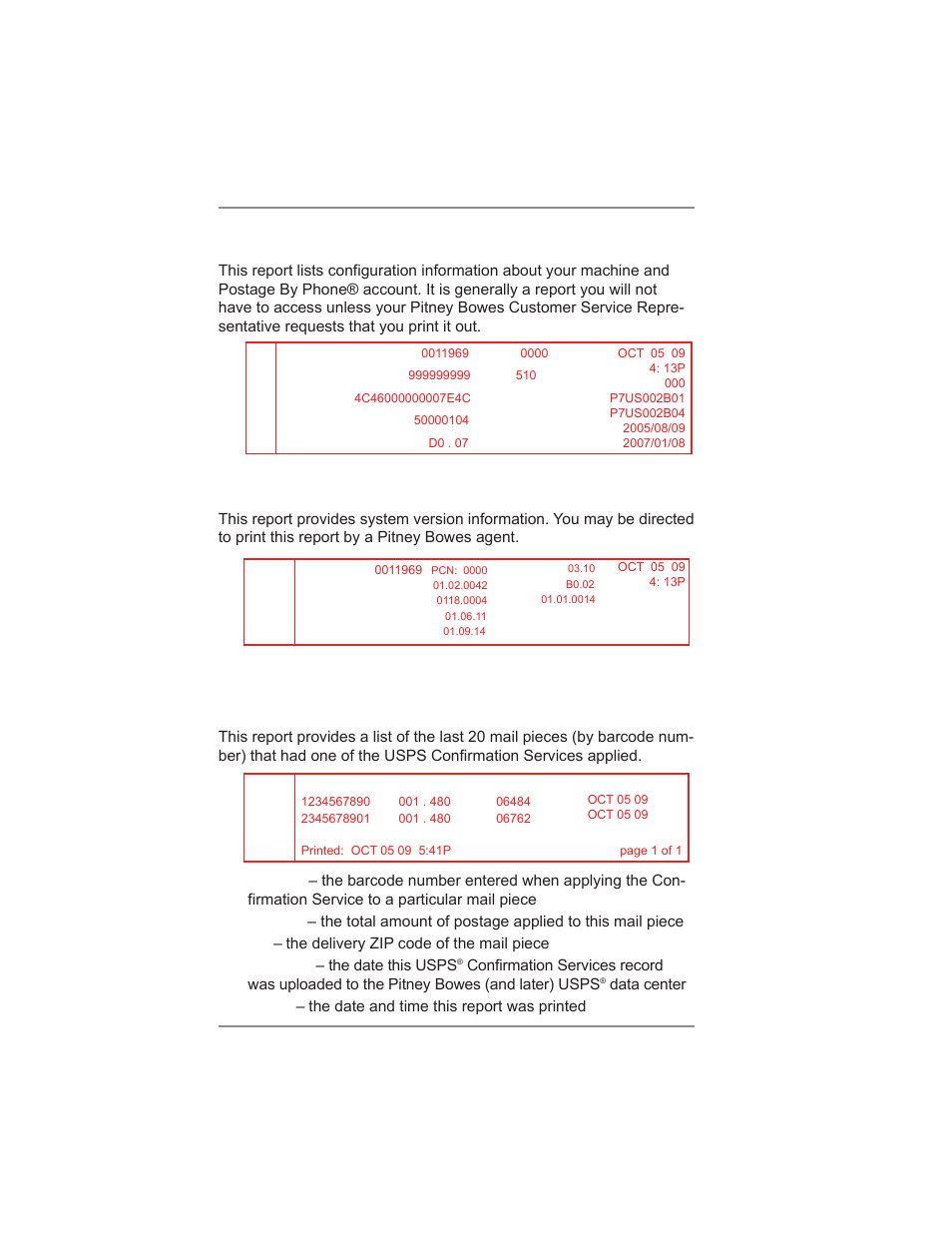 9 • reports, Software (system) version report, Configuration report | Confirmation services report | Pitney Bowes DM475 User Manual | Page 140 / 226