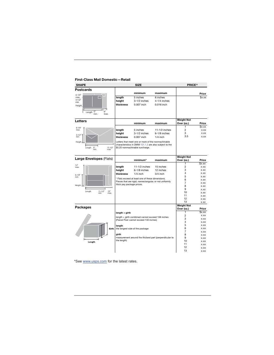 Appendix b • usps, First class mail, Sizes | Usps, Sizes (domestic) | Pitney Bowes DM475 User Manual | Page 211 / 226