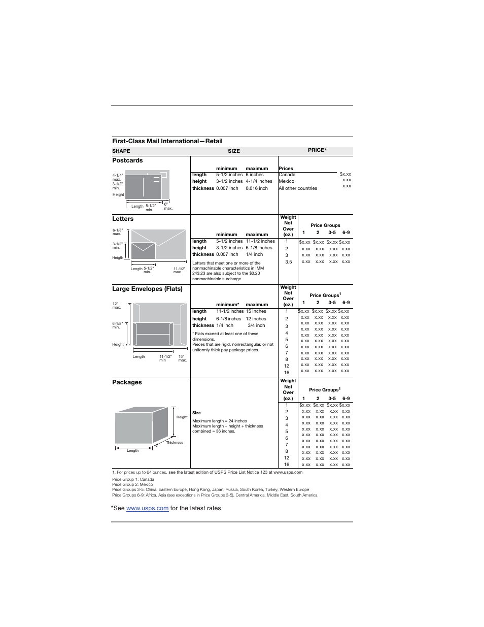 Appendix b • usps, First class mail, Sizes | Usps, Sizes (international) | Pitney Bowes DM475 User Manual | Page 212 / 226