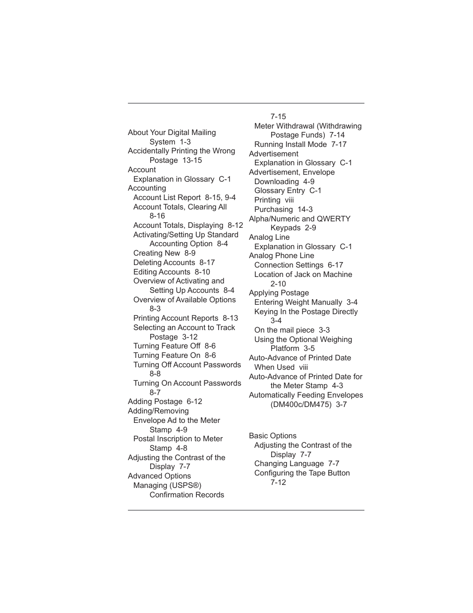 Index | Pitney Bowes DM475 User Manual | Page 215 / 226