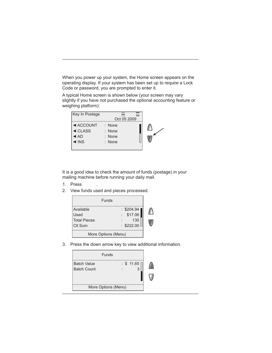 3 • running mail, Home screen, Checking funds (postage) availability in machine | Pitney Bowes DM475 User Manual | Page 40 / 226