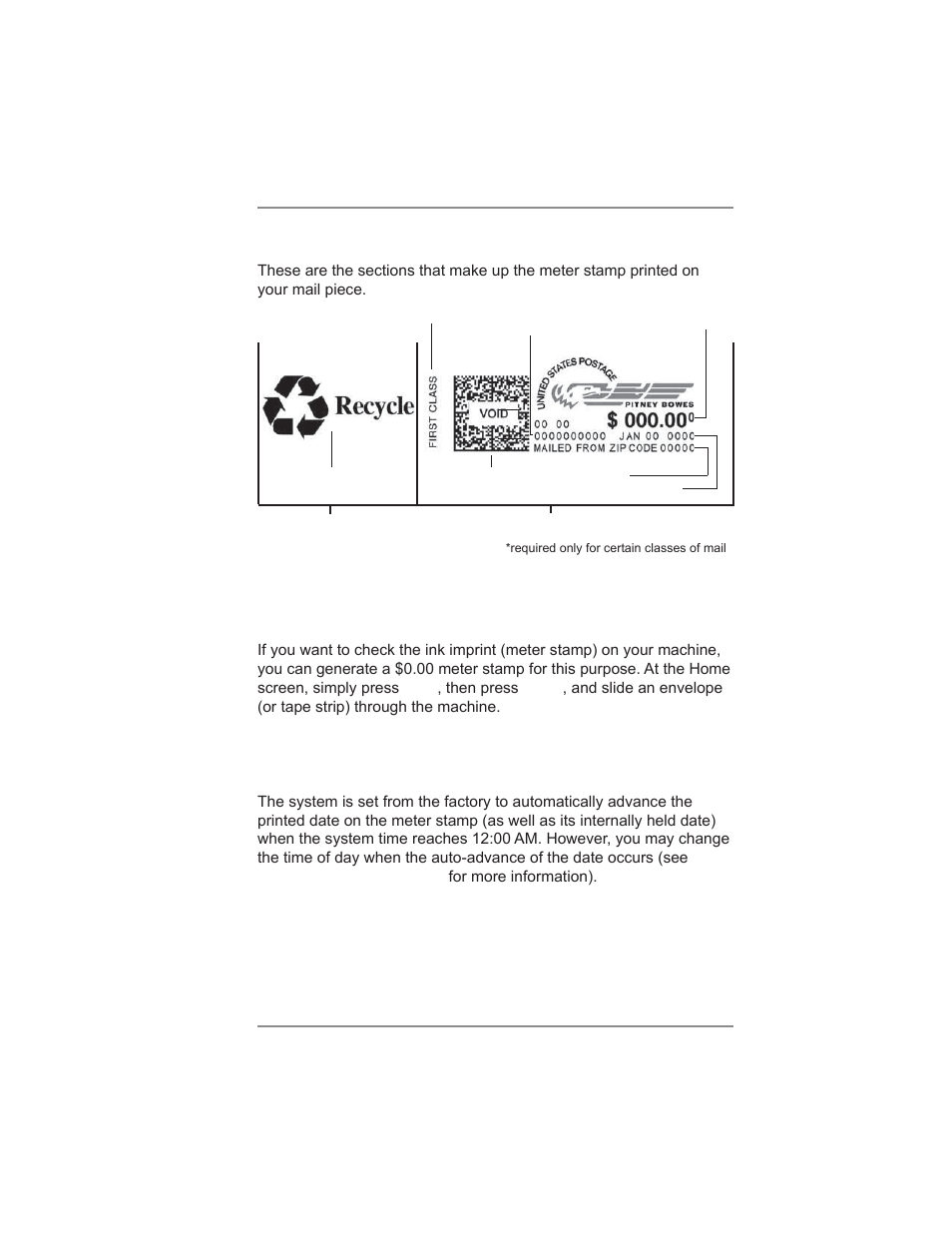 4 • printing options, Auto-advance of printed date for the meter stamp, Printing a $0.00 meter stamp | Pitney Bowes DM475 User Manual | Page 59 / 226