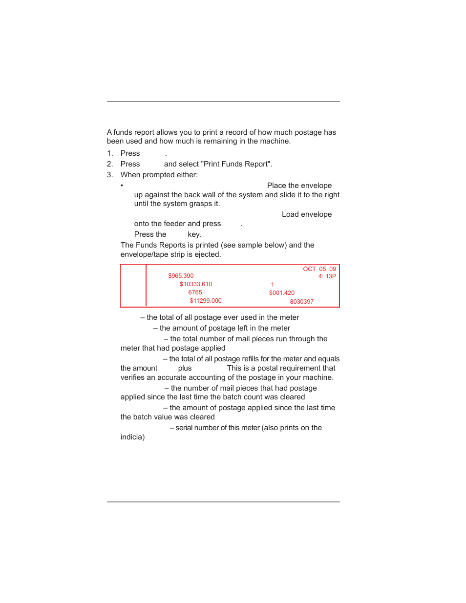 6 • adding postage/connecting to data center, Printing a funds (postage) report | Pitney Bowes DM475 User Manual | Page 90 / 226