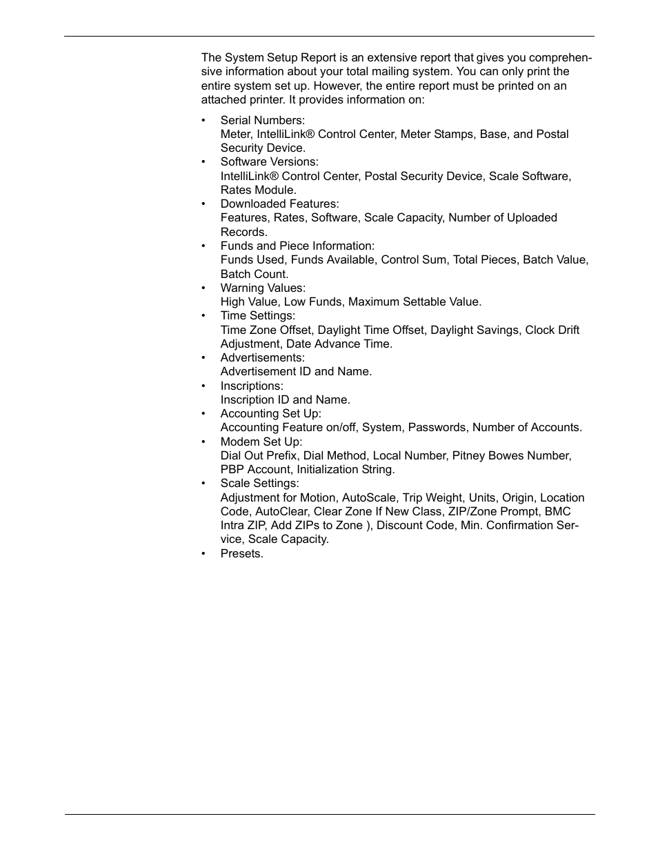 System set up report, System set up report -9 | Pitney Bowes DM550 Series User Manual | Page 131 / 188