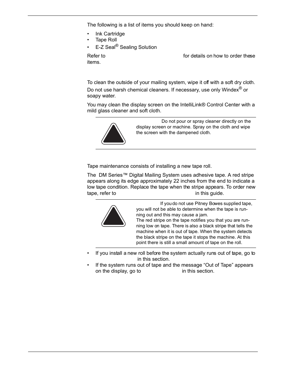 Items to keep on hand, Cleaning the exterior, Tape maintenance | Items to keep on hand -2, Cleaning the exterior -2, Tape maintenance -2, Tape  maintenance | Pitney Bowes DM550 Series User Manual | Page 138 / 188