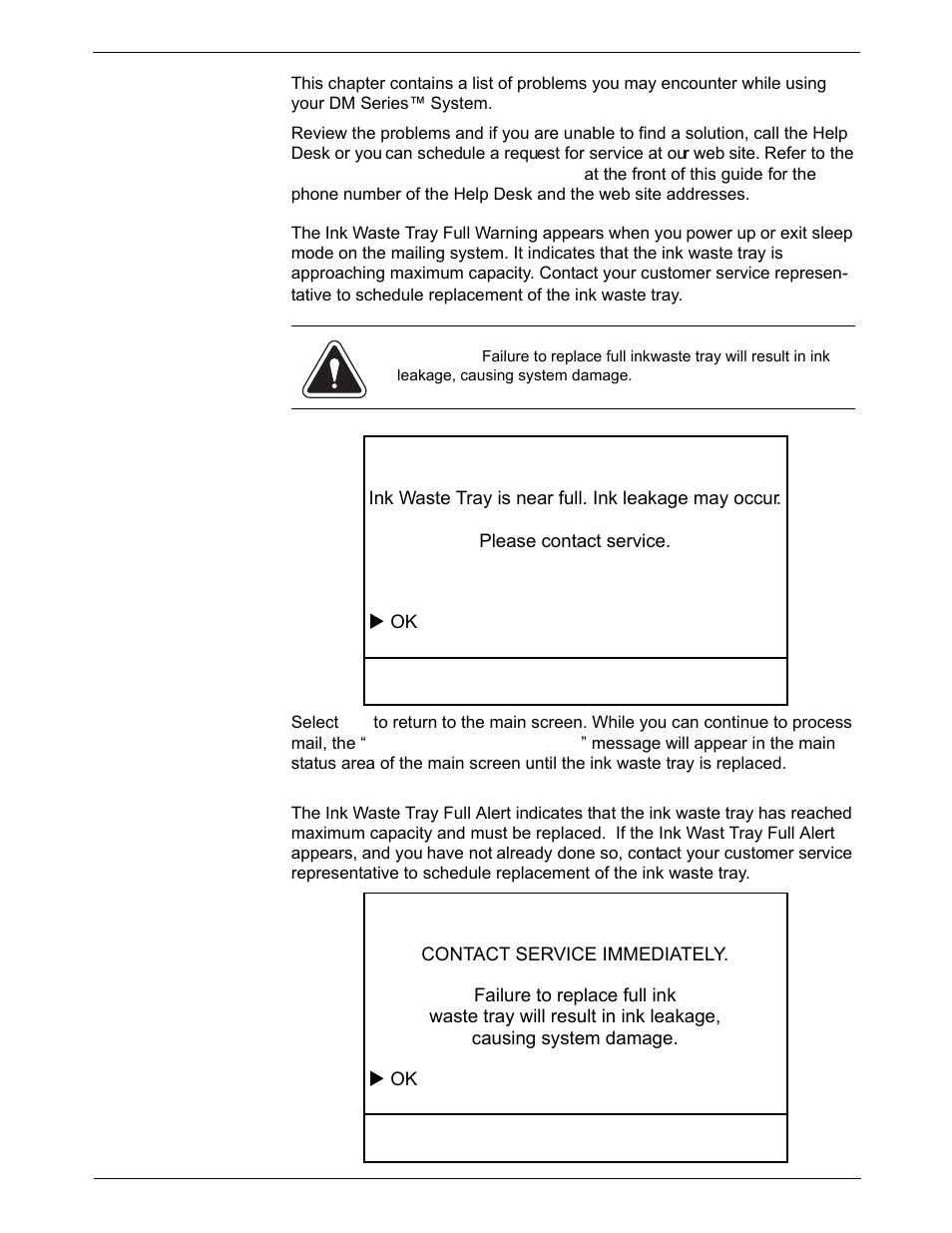 How to troubleshoot your mailing system, Ink waste full tray warning, How to troubleshoot your mailing system -2 | Ink waste full tray warning -2 | Pitney Bowes DM550 Series User Manual | Page 158 / 188