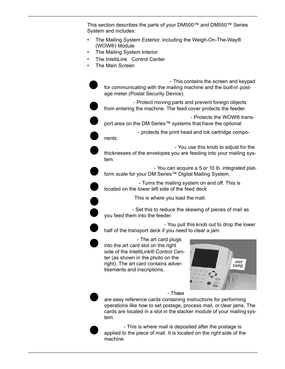 Parts of the mailing system, Parts of the mailing system -5, Mailing system exterior -5 | Pitney Bowes DM550 Series User Manual | Page 21 / 188