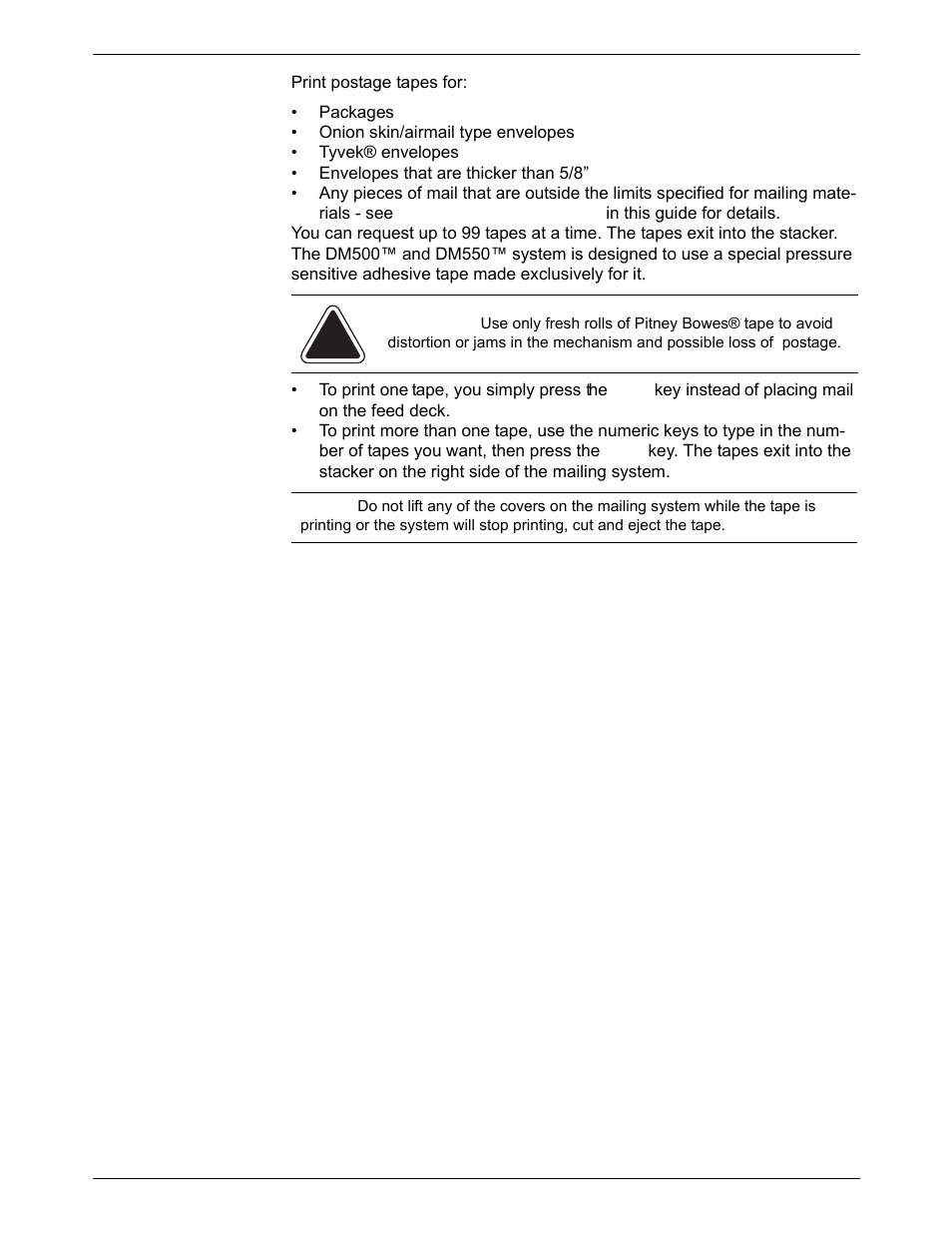 About printing postage tapes | Pitney Bowes DM550 Series User Manual | Page 43 / 188