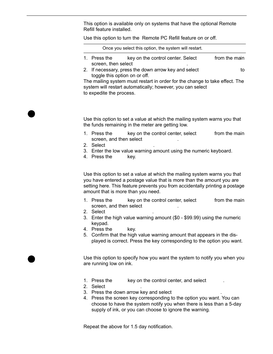 Configuring high/low funds warning, Configuring low ink warning, Configuring high/low funds warning -19 | Configuring low ink warning -19 | Pitney Bowes DM550 Series User Manual | Page 85 / 188