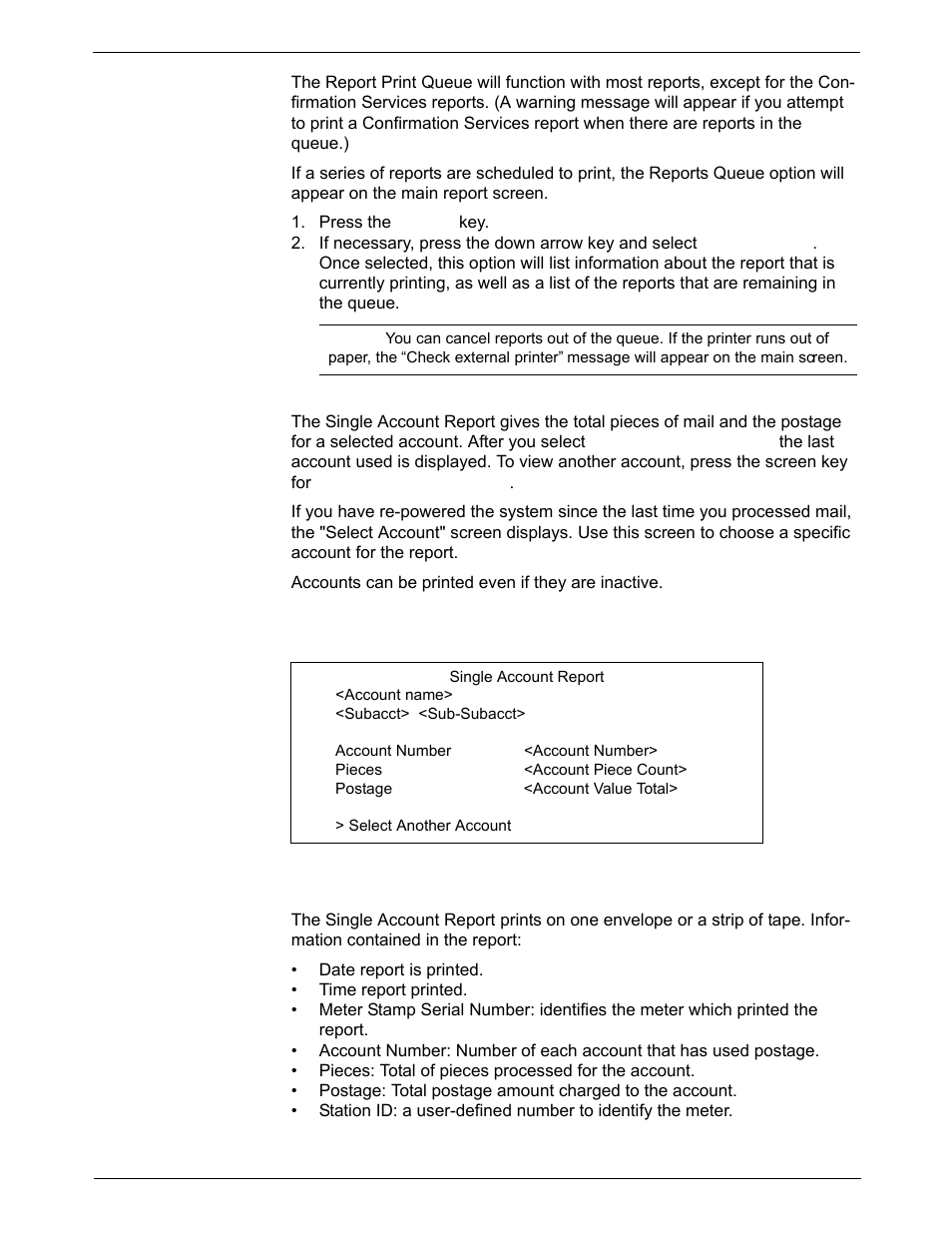 Single account report, Report print queue -3, Single account report -3 | Report print queue | Pitney Bowes DM800i Series User Manual | Page 129 / 188