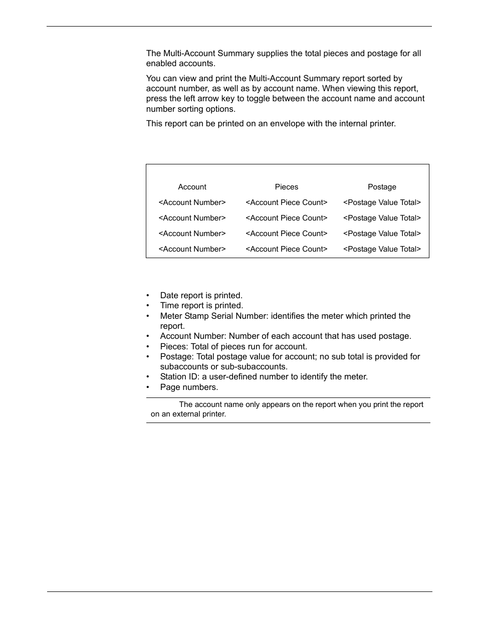Multi-account summary report, Multi-account summary report -4, Internal printer version | Pitney Bowes DM800i Series User Manual | Page 130 / 188