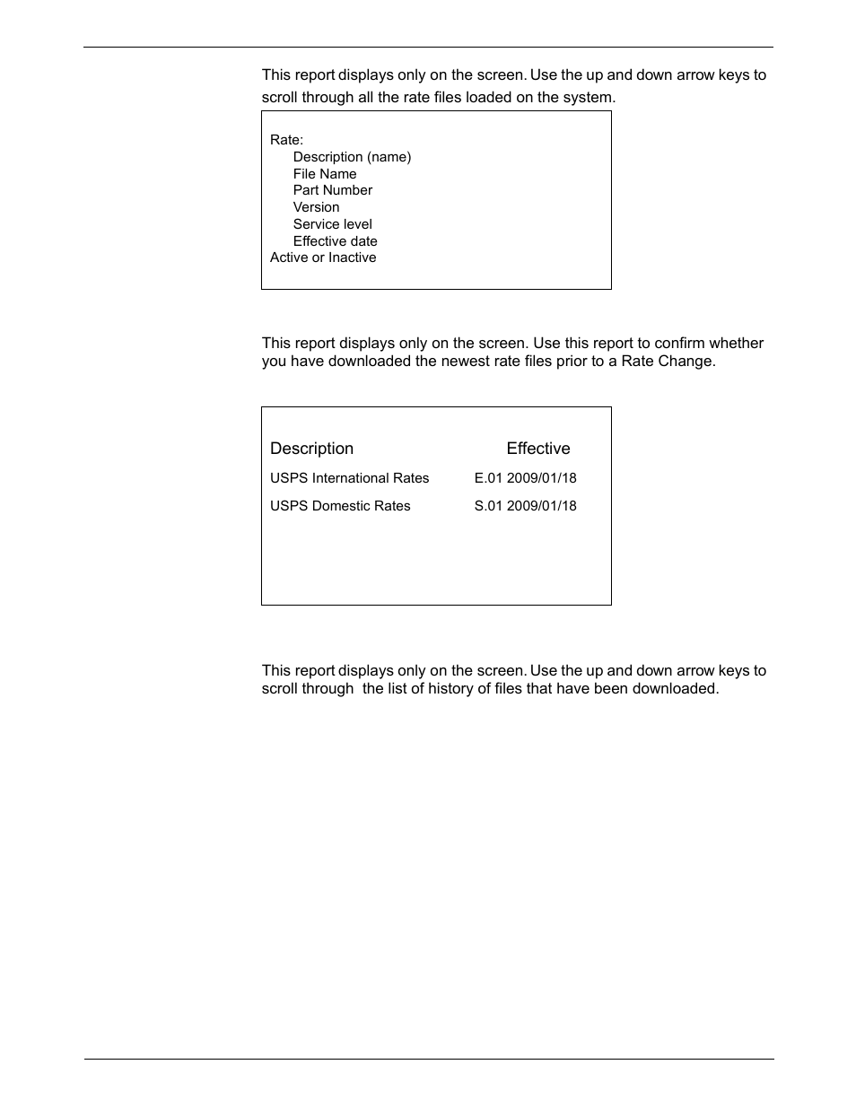 Installed/ pending rates report, Last rates downloaded report, View download log report | Installed/pending rates report -13, Last rates downloaded report -13, View download log report -13 | Pitney Bowes DM800i Series User Manual | Page 139 / 188