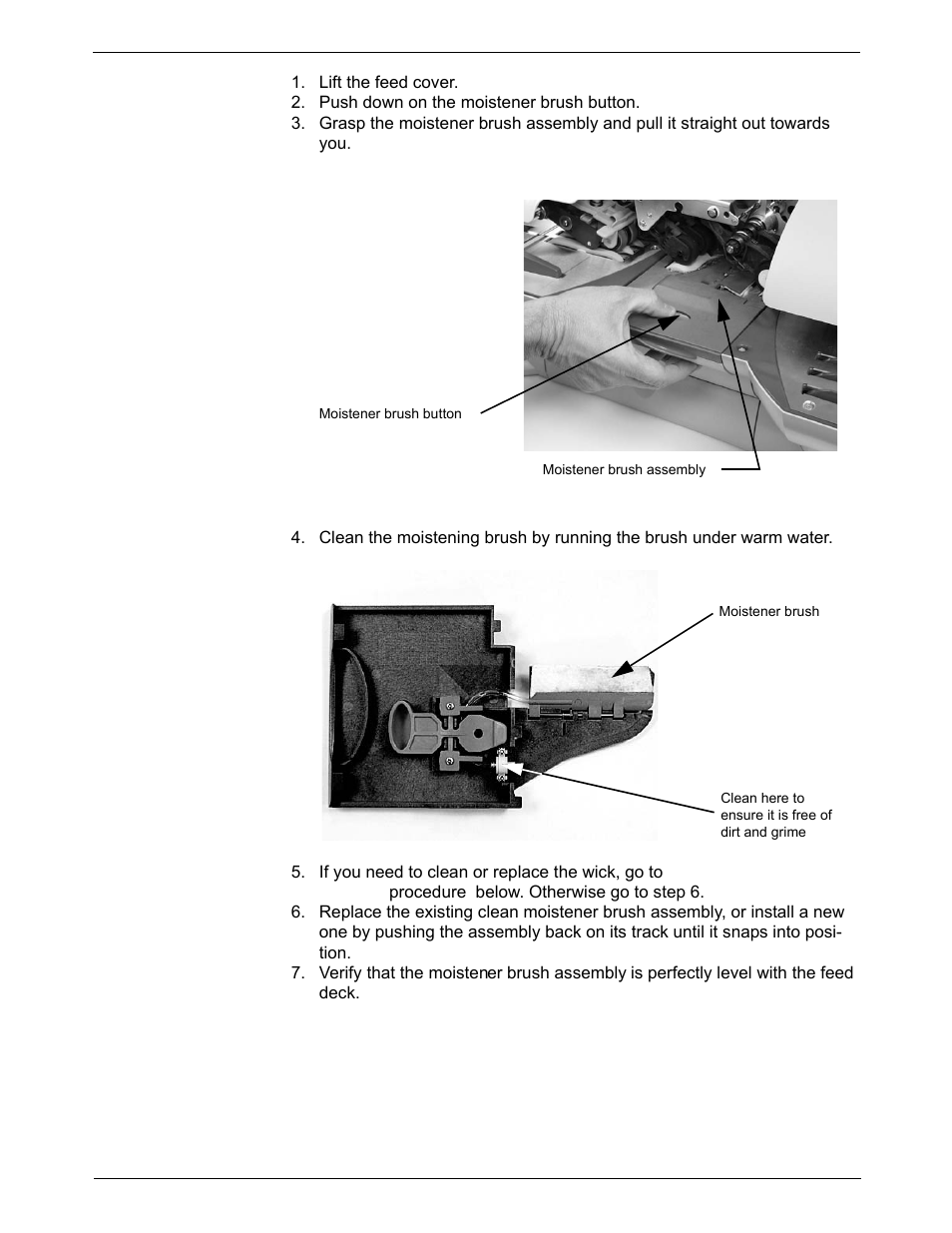 9 • maintaining and updating, Cleaning or replacing the moistener brush | Pitney Bowes DM800i Series User Manual | Page 146 / 188