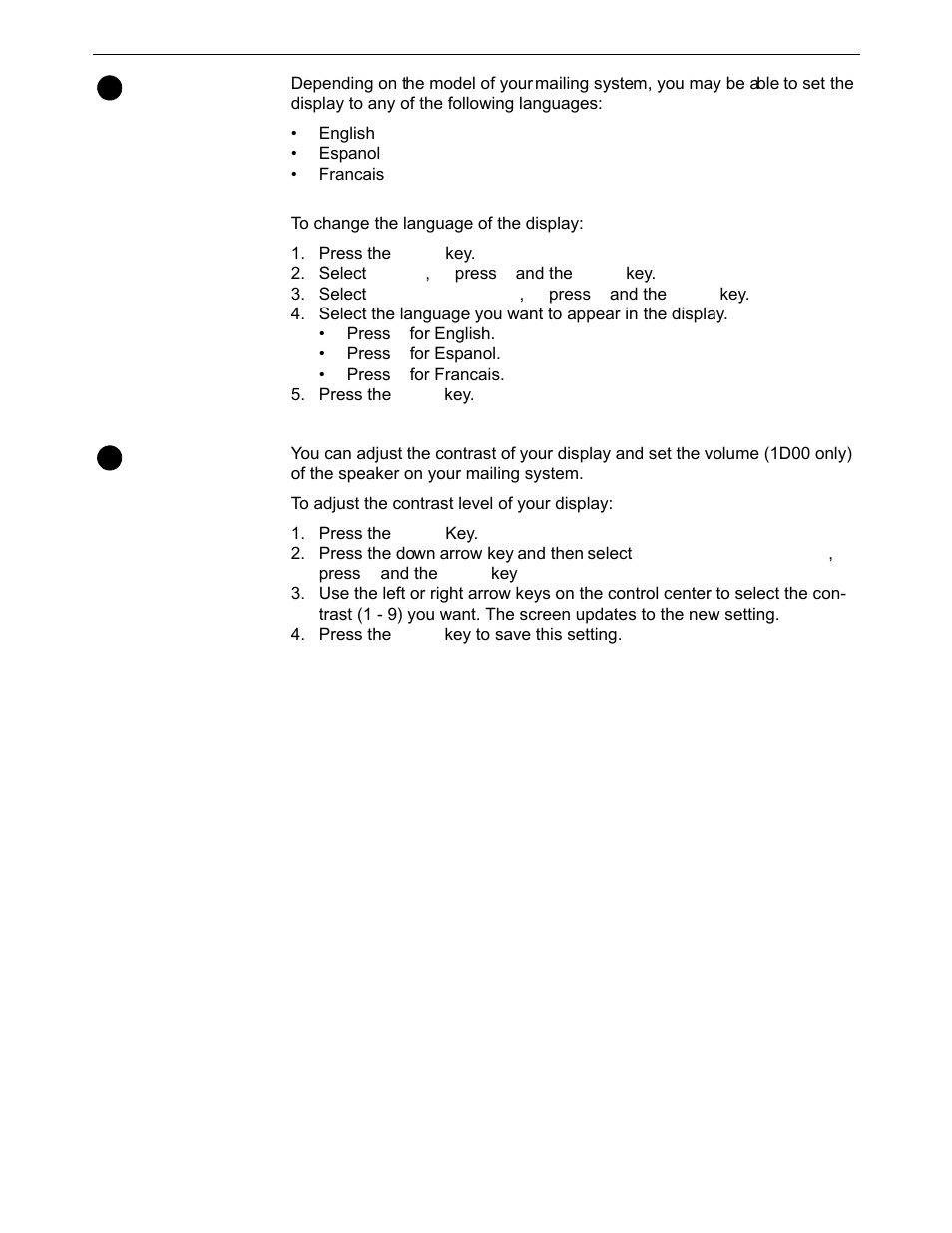 Setting the display language, Adjusting display contrast, Setting the display language -4 | Adjusting display contrast -4 | Pitney Bowes DM800i Series User Manual | Page 74 / 188