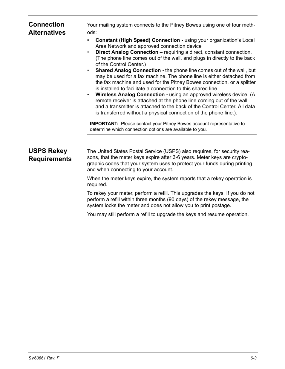 Connection alternatives, Usps rekey requirements | Pitney Bowes DM900 User Manual | Page 103 / 186