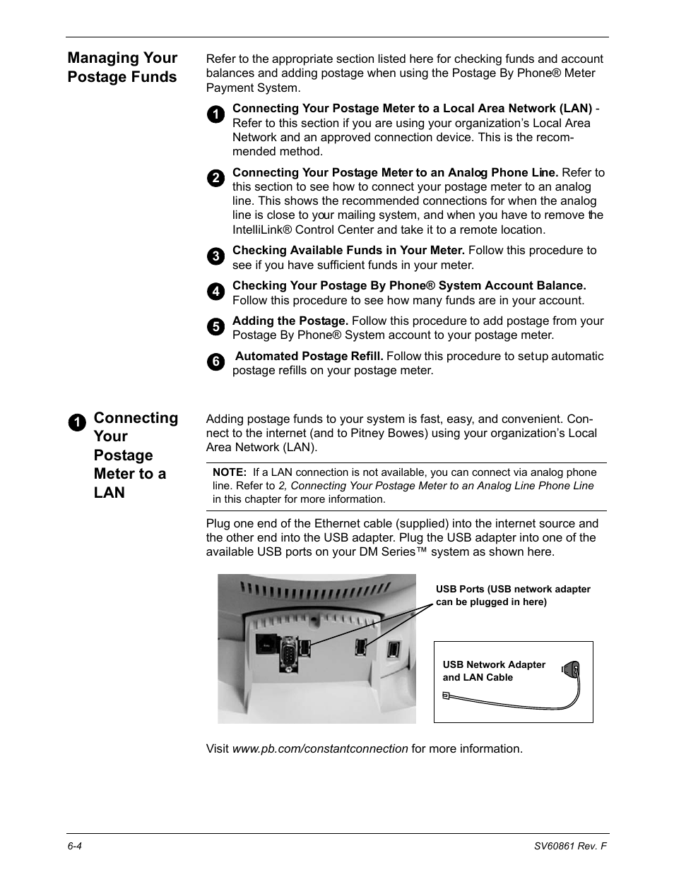 Managing your postage funds, Connecting your postage meter to a lan, Managing your postage funds -4 | Pitney Bowes DM900 User Manual | Page 104 / 186