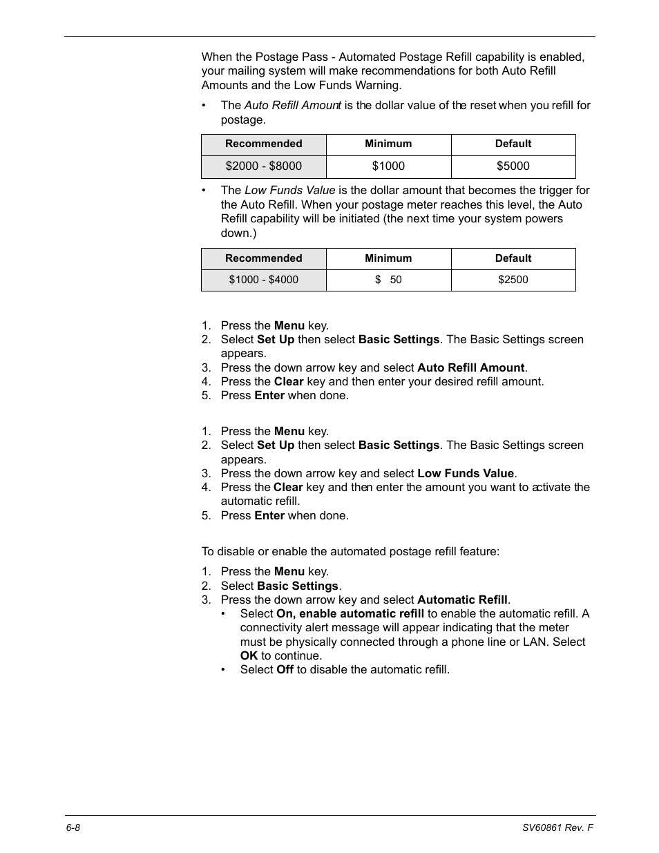 Recommended funds values, Setting the auto refill amount, Setting the low funds value | Enabling/ disabling automated postage refill | Pitney Bowes DM900 User Manual | Page 108 / 186