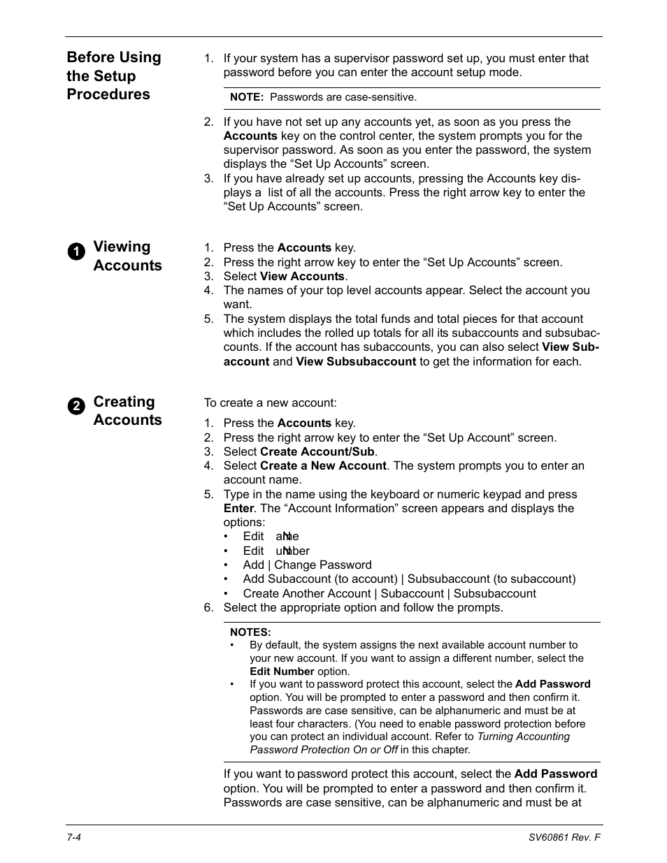 Before using the setup procedures, Viewing accounts, Creating accounts | Pitney Bowes DM900 User Manual | Page 112 / 186