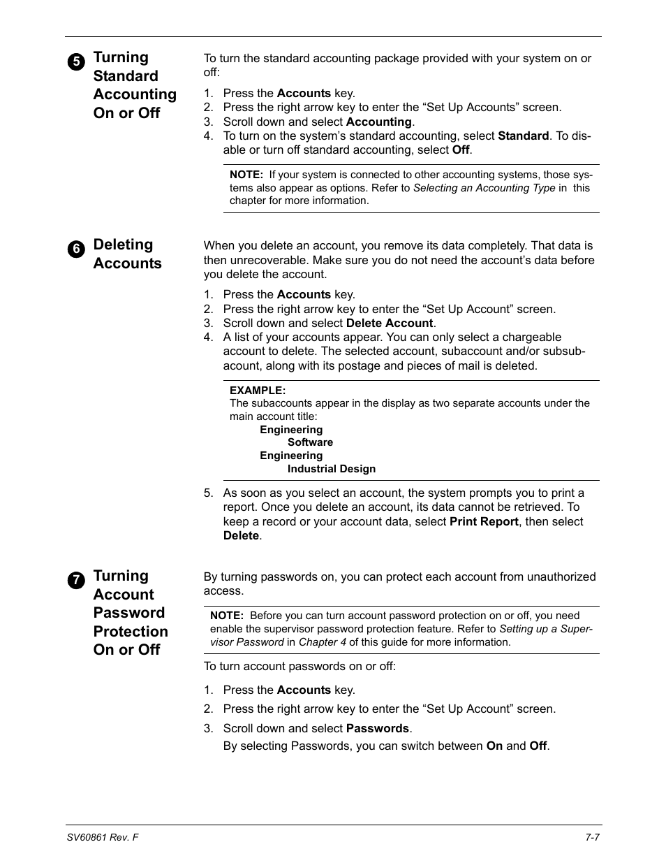 Turning standard accounting on or off, Deleting accounts, Turning account password protection on or off | Pitney Bowes DM900 User Manual | Page 115 / 186