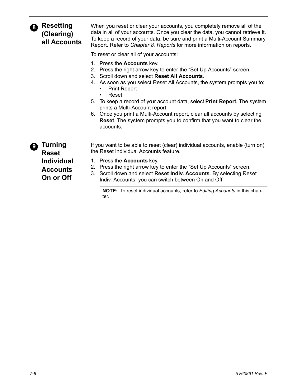 Resetting (clearing) all accounts, Turning reset individual accounts on or off | Pitney Bowes DM900 User Manual | Page 116 / 186