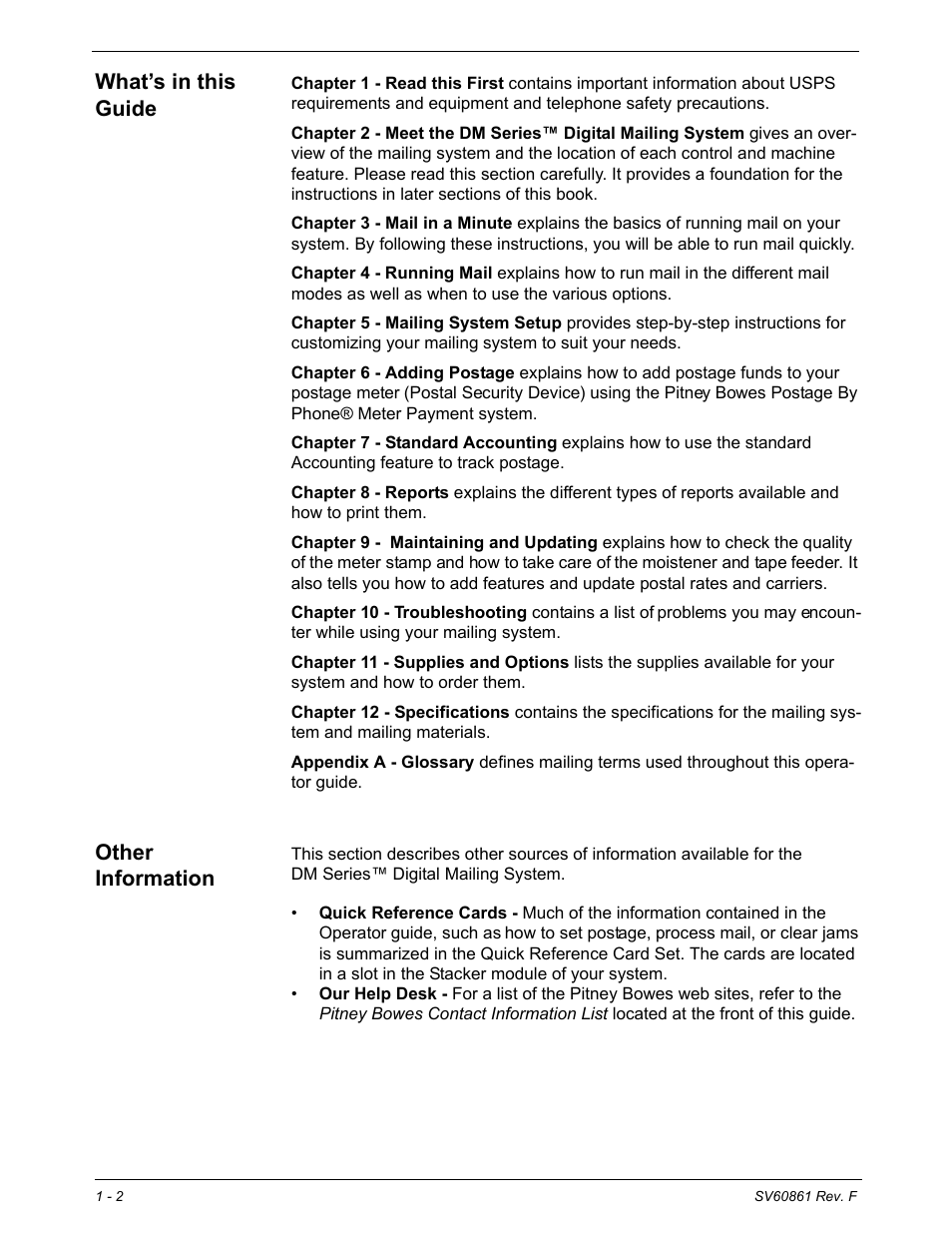 What’s in this guide, Other information, What’s in this guide -2 other information -2 | Other  information | Pitney Bowes DM900 User Manual | Page 12 / 186