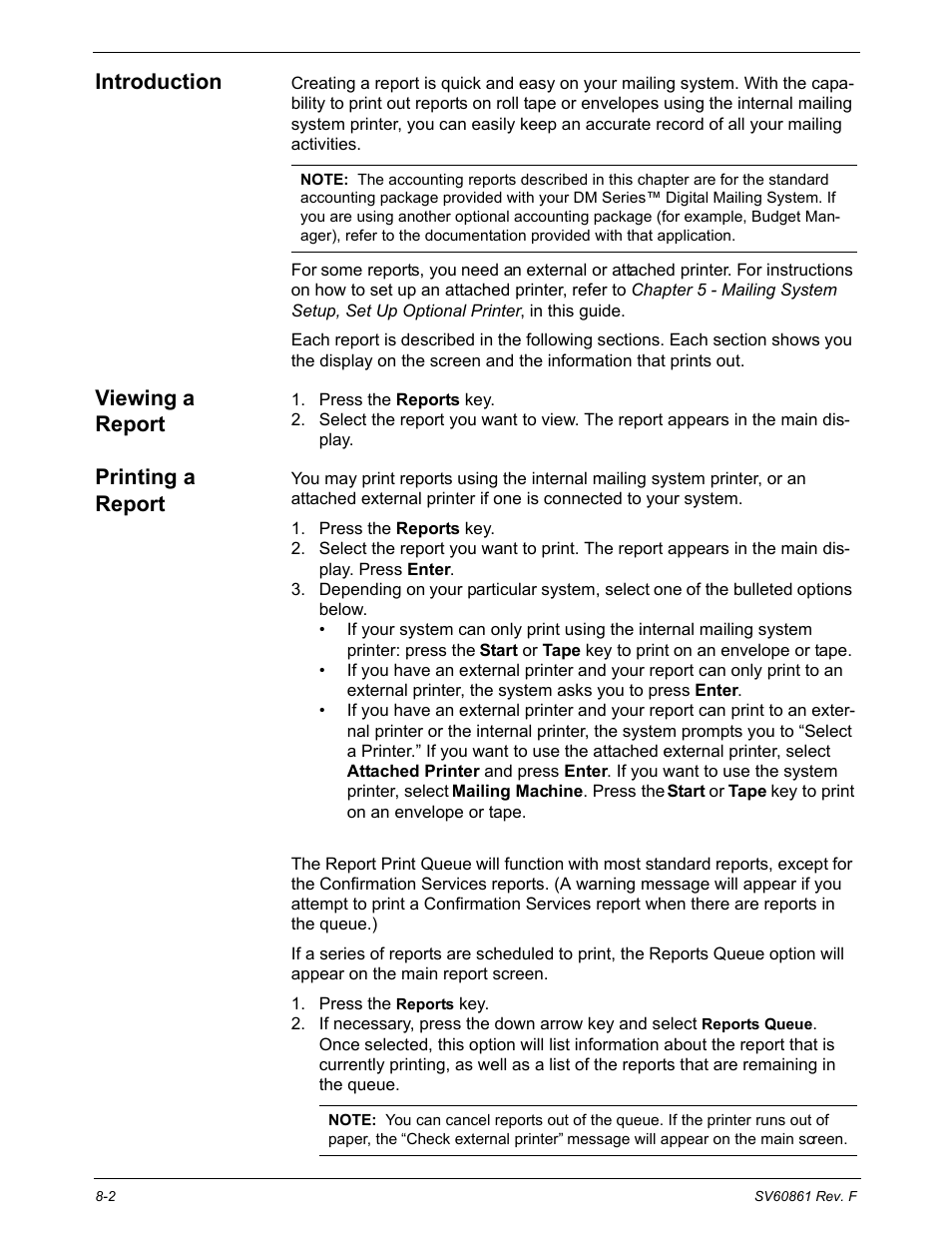 Introduction, Viewing a report, Printing a report | Report print queue | Pitney Bowes DM900 User Manual | Page 122 / 186
