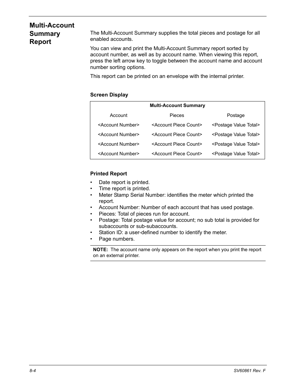 Multi-account summary report, Internal printer version, Multi-account summary report -4 | Pitney Bowes DM900 User Manual | Page 124 / 186