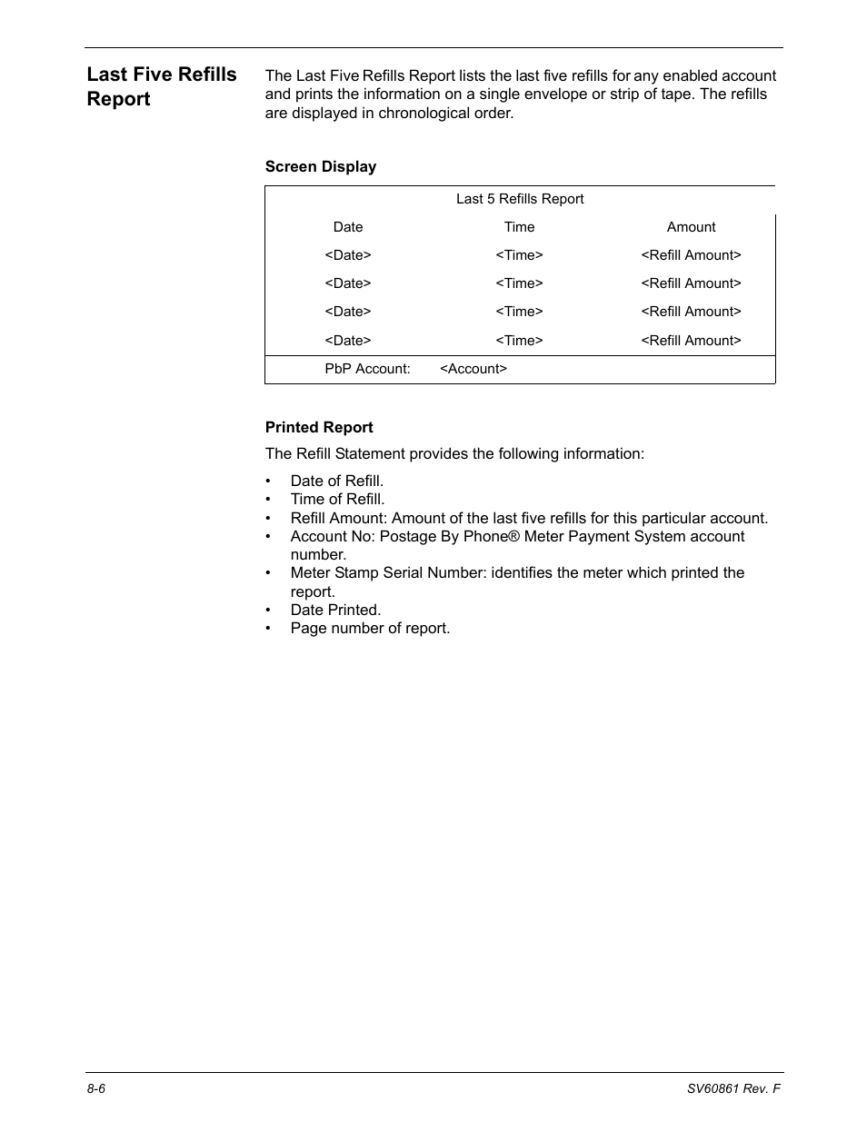 Last five refills report, Last five refills report -6 | Pitney Bowes DM900 User Manual | Page 126 / 186