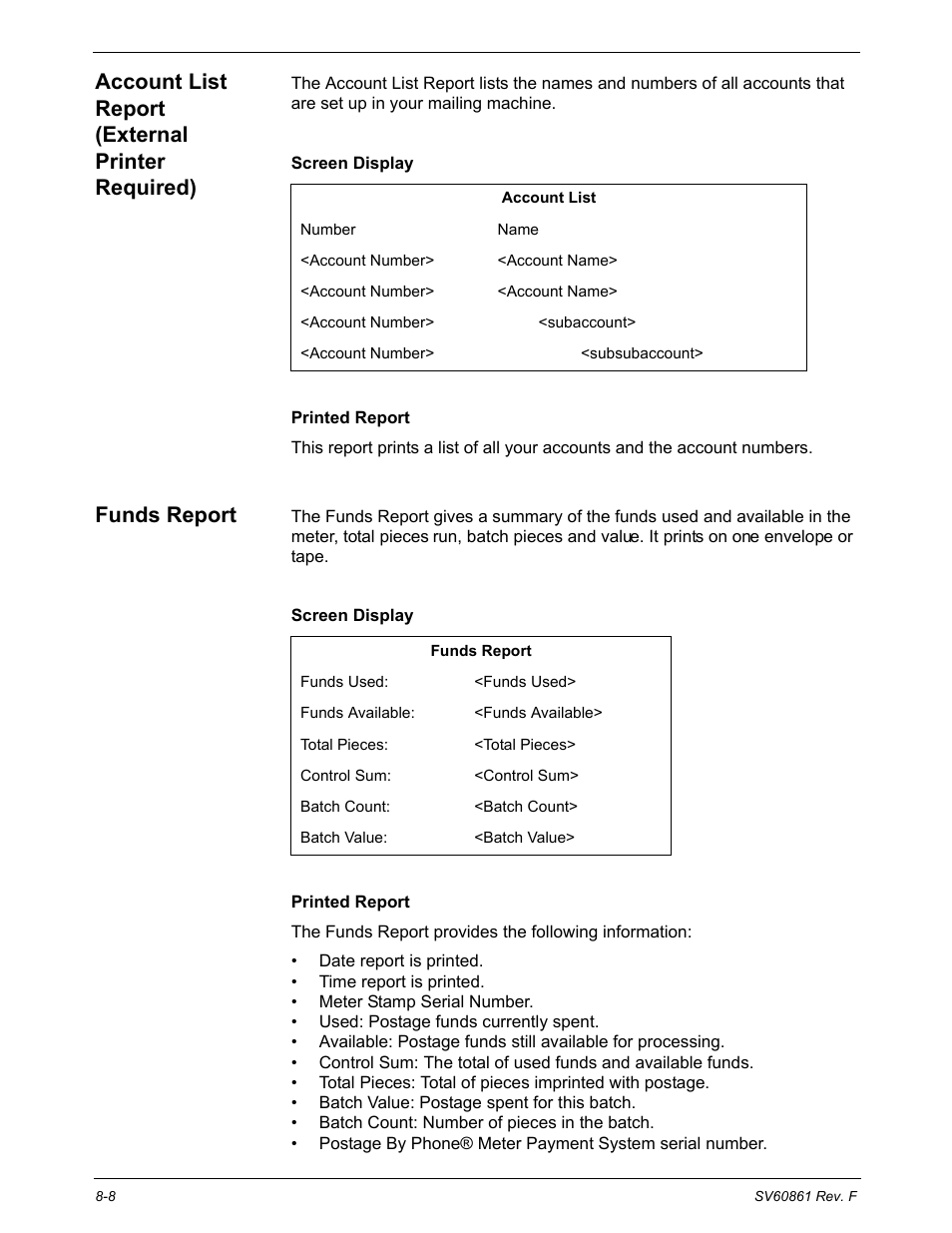 Account list report (external printer required), Funds report | Pitney Bowes DM900 User Manual | Page 128 / 186