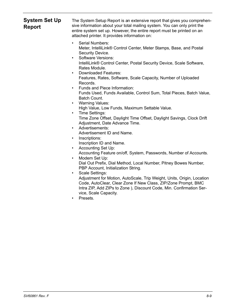 System set up report, System set up report -9 | Pitney Bowes DM900 User Manual | Page 129 / 186
