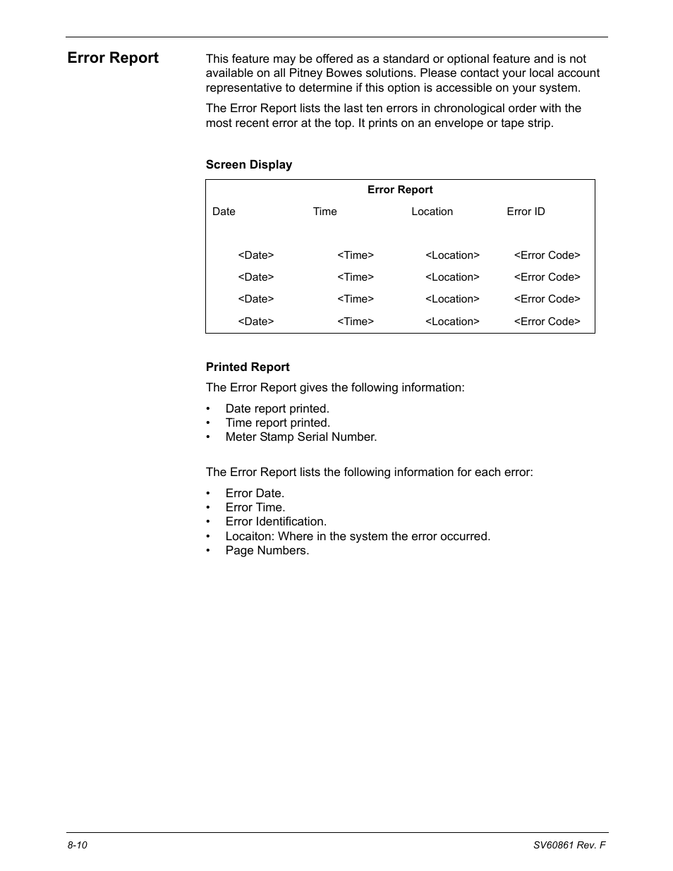 Error report, Error report -10 | Pitney Bowes DM900 User Manual | Page 130 / 186