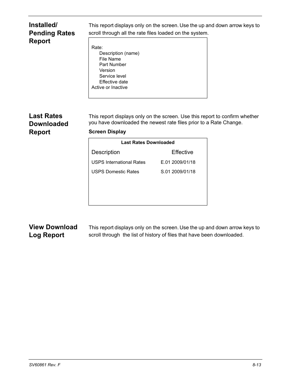 Installed/ pending rates report, Last rates downloaded report, View download log report | Pitney Bowes DM900 User Manual | Page 133 / 186