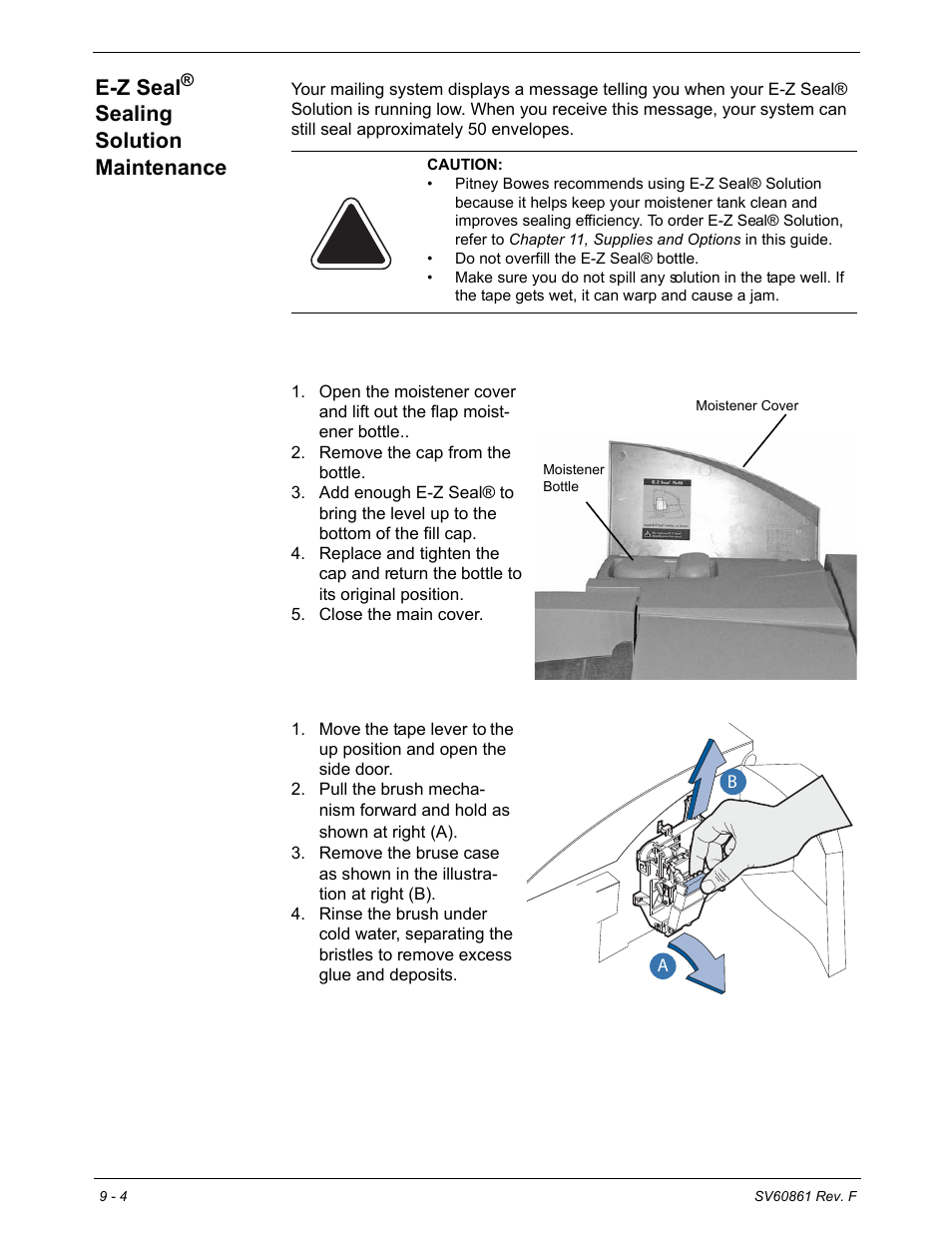 E-z seal® sealing solution maintenance, Filling the moistener bottle, Cleaning the moistener brush | E-z seal® sealing solution maintenance -4, E-z seal, Sealing  solution  maintenance | Pitney Bowes DM900 User Manual | Page 138 / 186