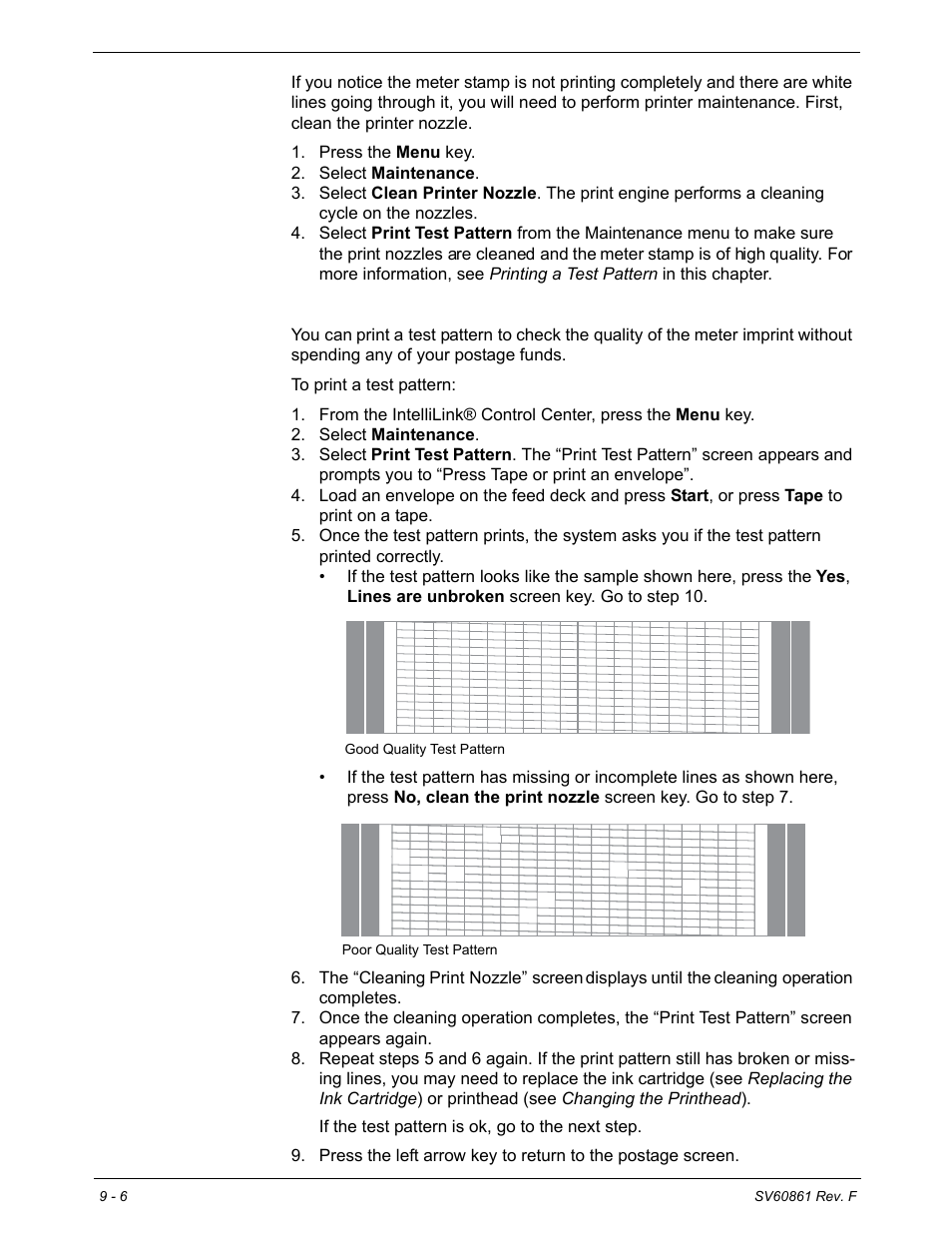 Cleaning the printhead nozzles, Printing a test pattern | Pitney Bowes DM900 User Manual | Page 140 / 186