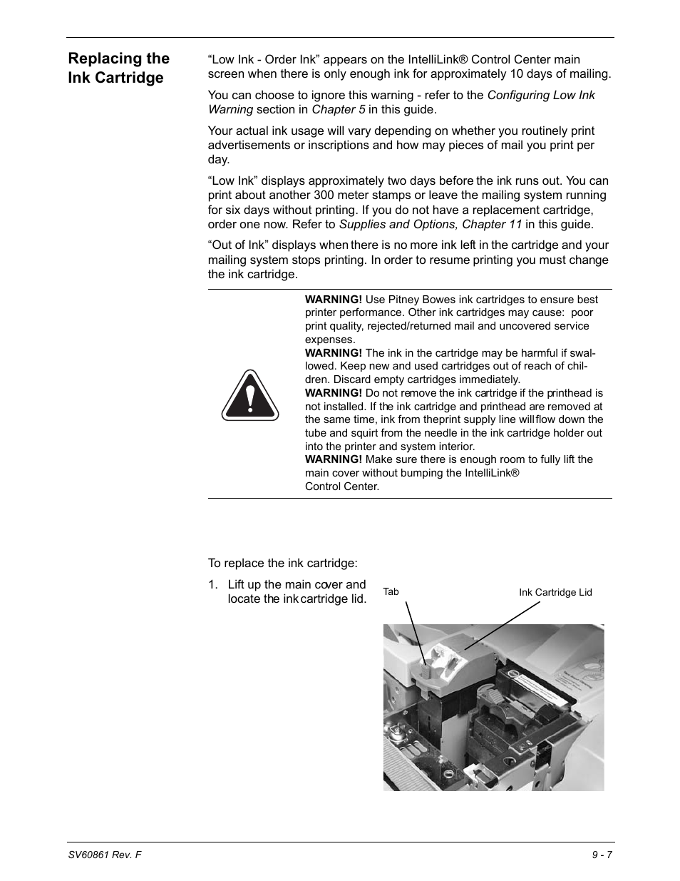 Replacing the ink cartridge, Replacing the ink cartridge -7 | Pitney Bowes DM900 User Manual | Page 141 / 186