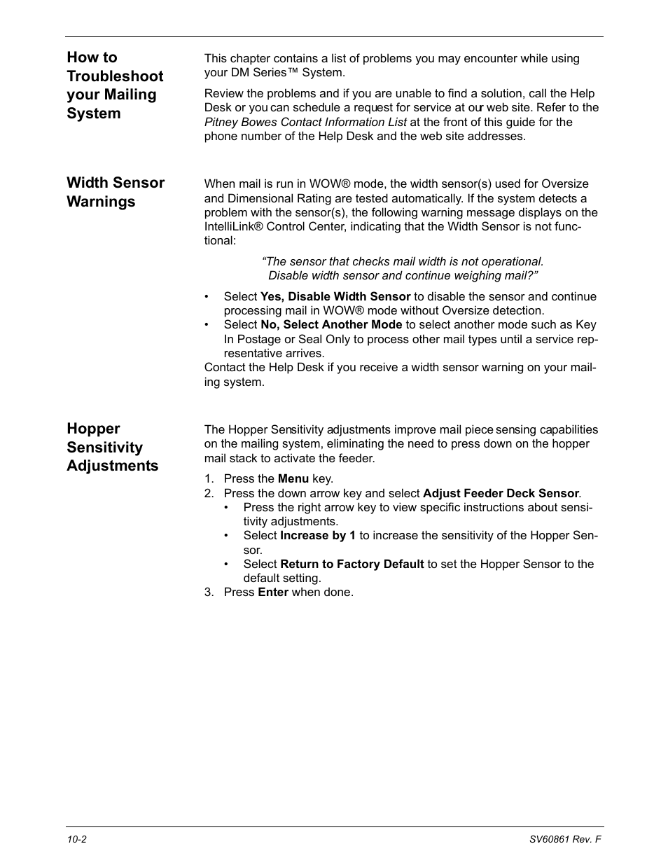 How to troubleshoot your mailing system, Width sensor warnings, Hopper sensitivity adjustments | Pitney Bowes DM900 User Manual | Page 148 / 186