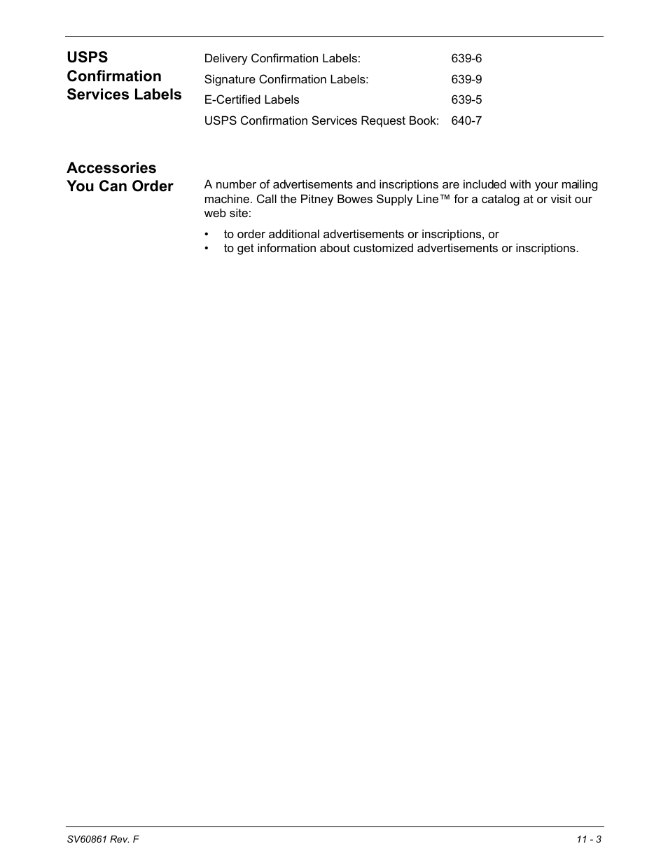 Usps confirmation services labels, Accessories you can order, Advertisements and inscriptions | Pitney Bowes DM900 User Manual | Page 167 / 186