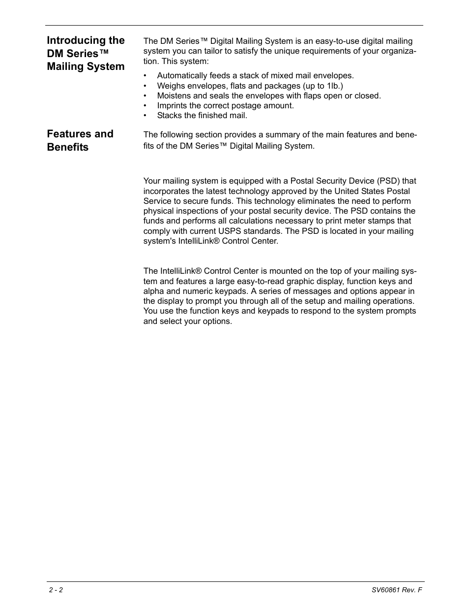 Introducing the dm series™ mailing system, Features and benefits, Postage security device | Easy-to-use intellilink® control center | Pitney Bowes DM900 User Manual | Page 18 / 186