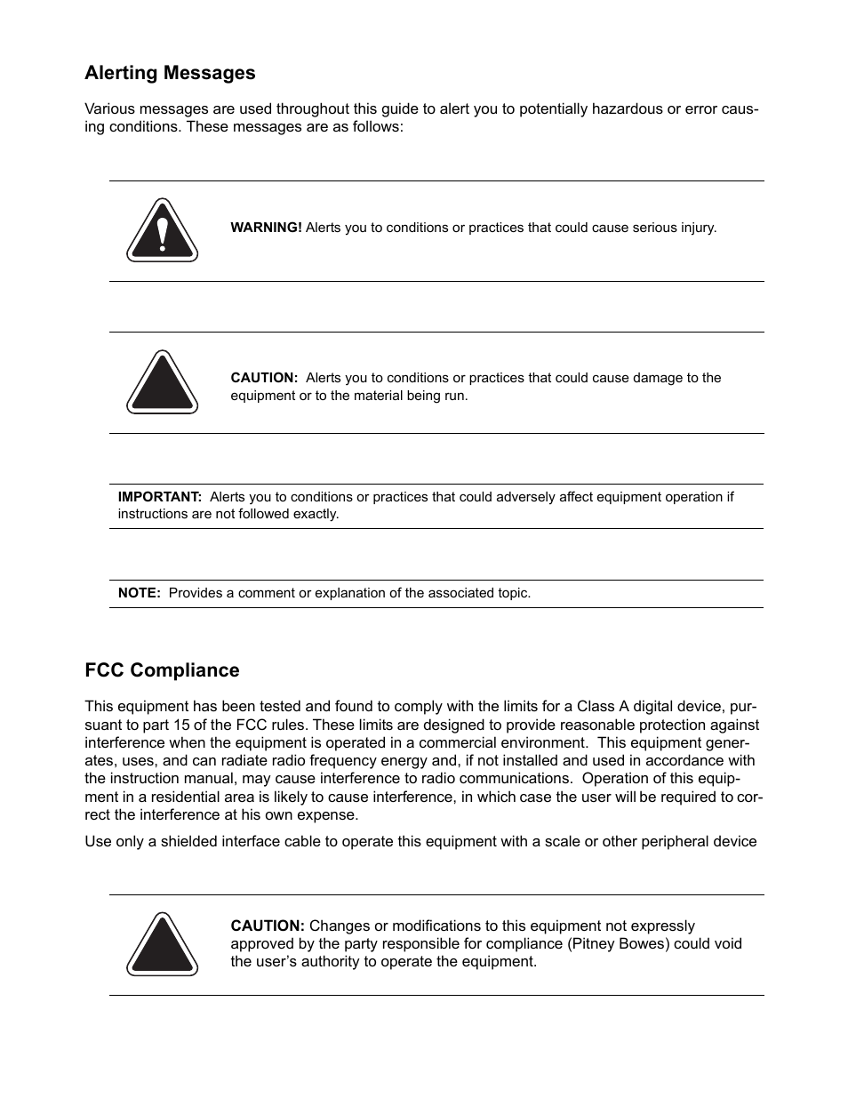 Alerting messages, Fcc compliance | Pitney Bowes DM900 User Manual | Page 4 / 186