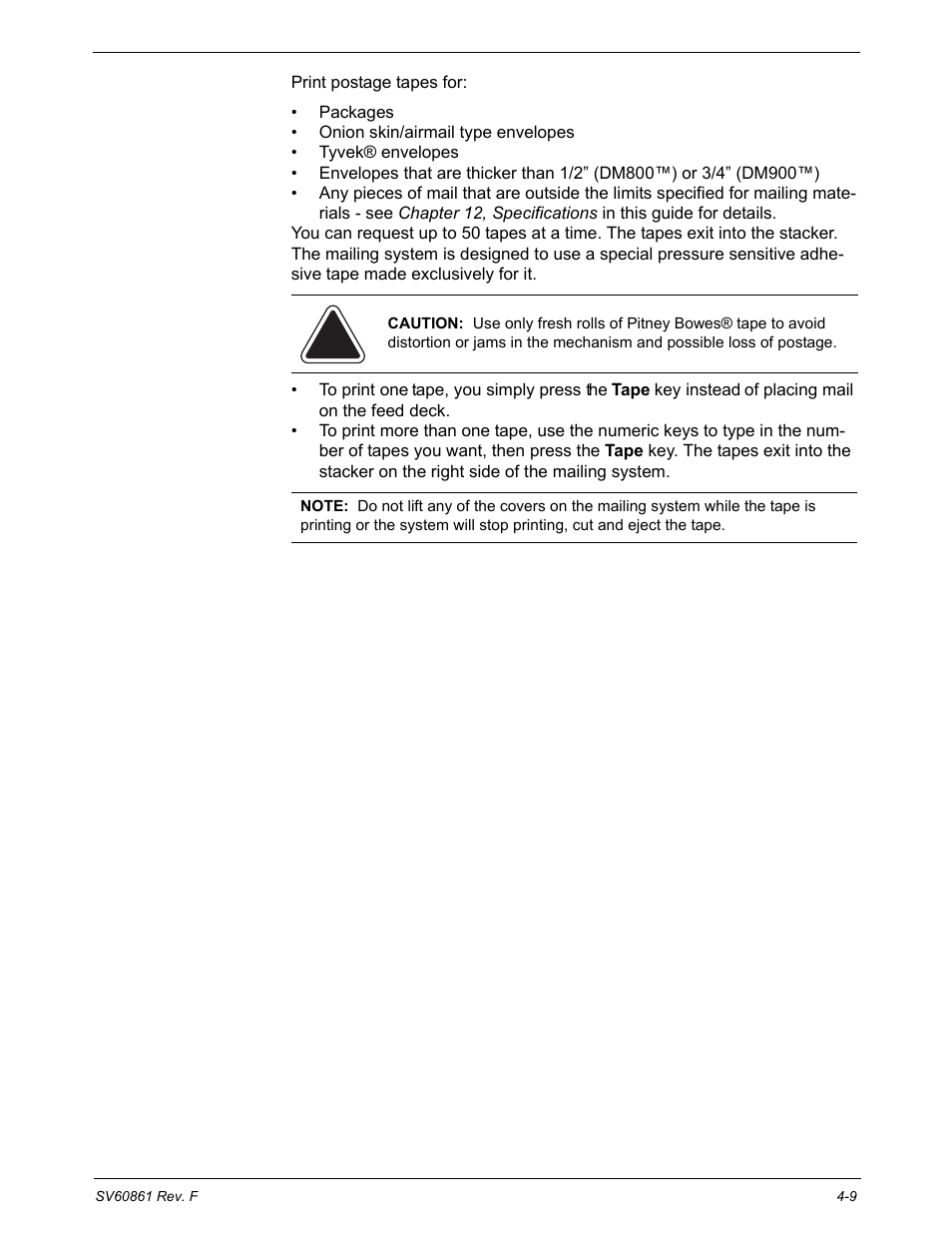 About printing postage tapes | Pitney Bowes DM900 User Manual | Page 41 / 186