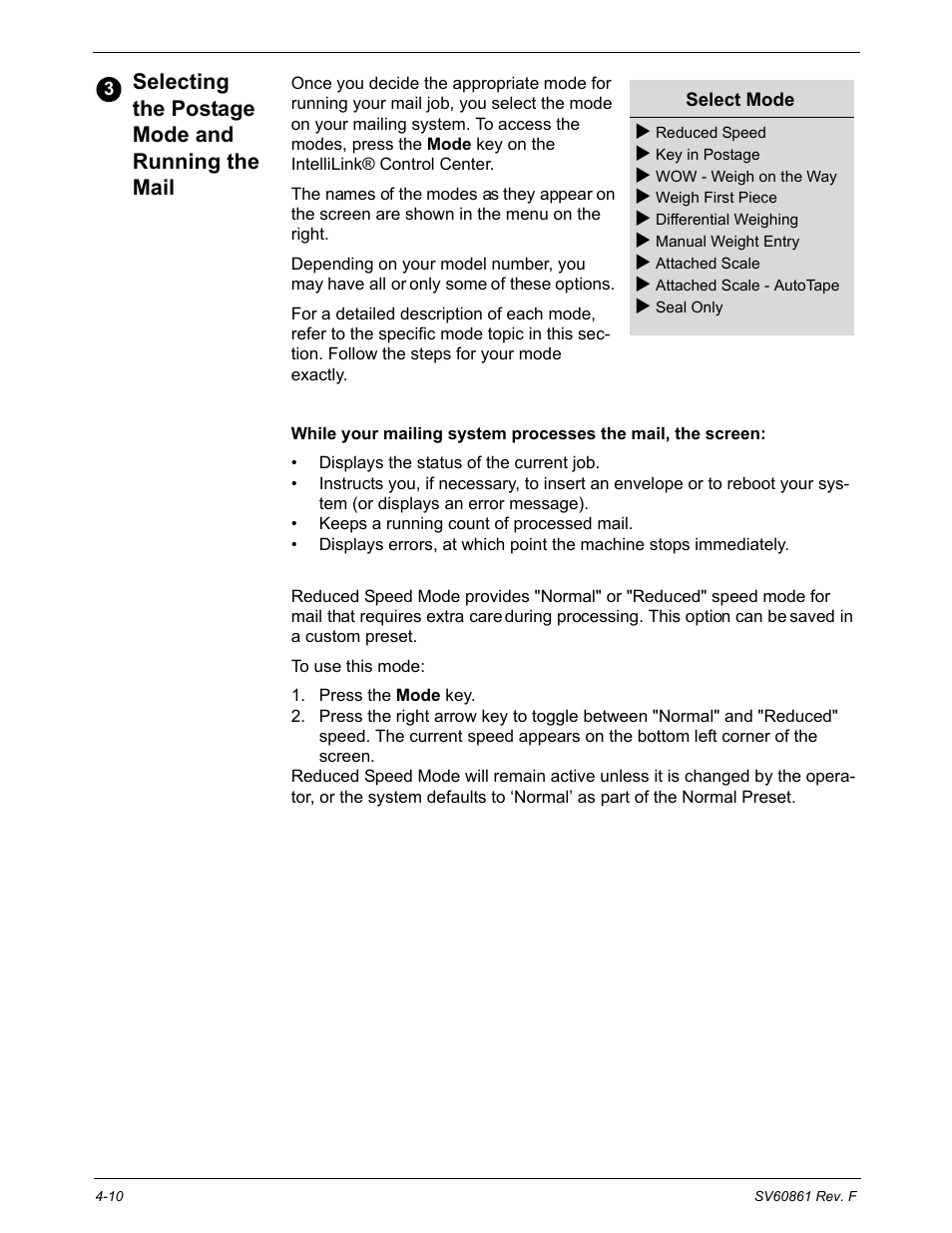 Selecting the postage mode and running the mail, Mode selection: reduced speed | Pitney Bowes DM900 User Manual | Page 42 / 186
